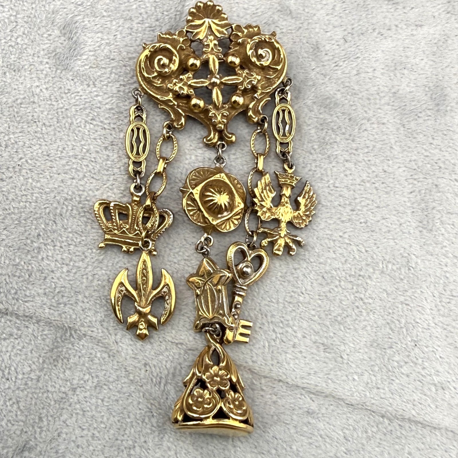 Vintage Chatelain Brooch Gold Tone Watch Fob Eagle Crown Heraldic 121$